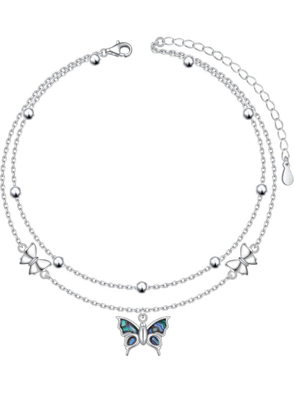 925 Sterling Silver Layered Anklet with Lotus, Dragonfly, Butterfly & Turtle